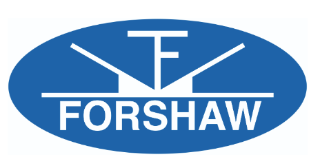 Blue oval logo with text "FORSHAW" and letter "F" design.